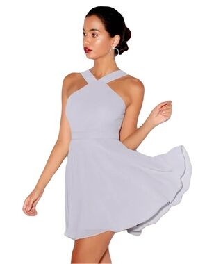 Lulu’s Forevermore Grey Skater Dress Women Sz S Fit Flare Mini Halter Balletcore